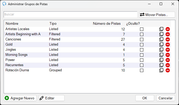 Ventana Administrar Grupos de Pistas de PlayIt Live