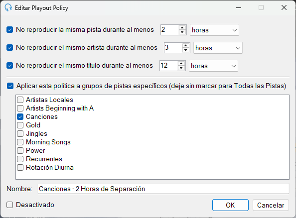 Ventana Editar Playout Policy de Separación de Pista / Artista / Título
