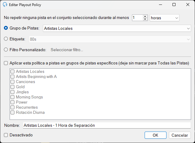 Ventana Editar Playout Policy de Separación por Conjunto de Pistas