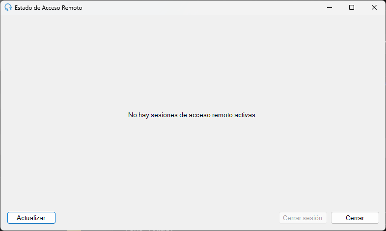 La ventana Estado de Acceso Remoto sin sesiones activas, con un mensaje en lugar de la lista