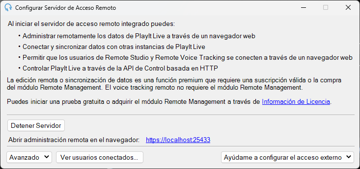 Ventana de configuración del servidor de acceso remoto integrado