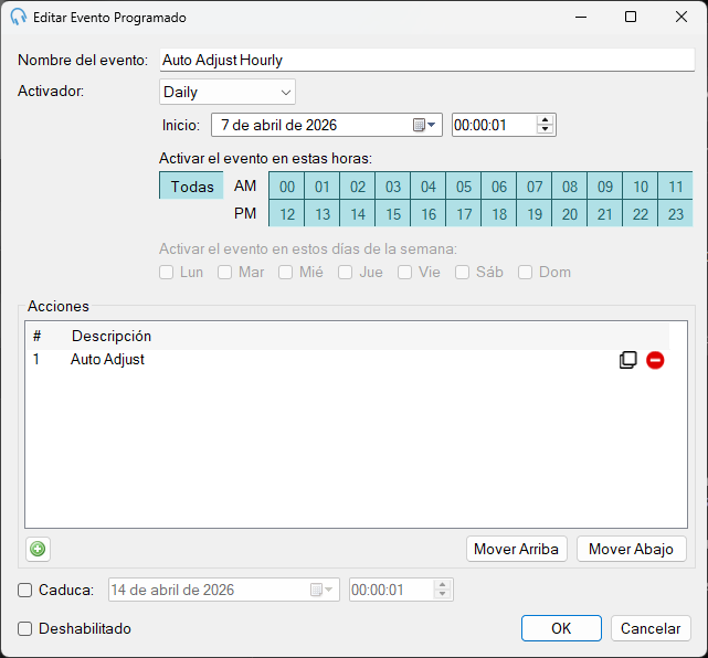 Editar Evento Programado con acción de Auto Adjust