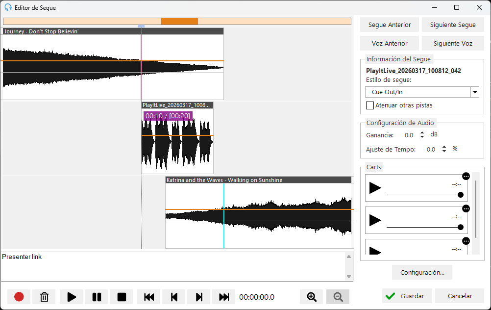 Editor de Segue con un voice track grabado, recortado