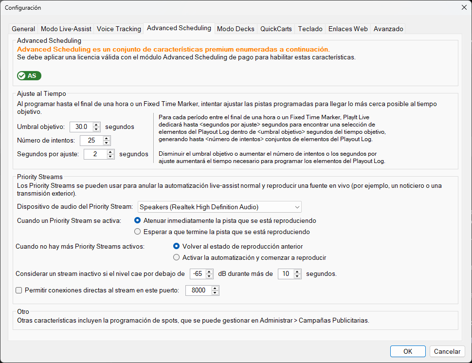 Configuración de PlayIt Live - Pestaña Advanced Scheduling