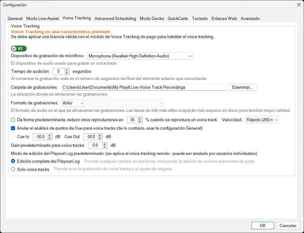PlayIt Live Configuración - Pestaña Voice Tracking