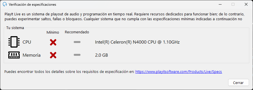 Ventana de verificación de especificaciones que muestra requisitos no cumplidos