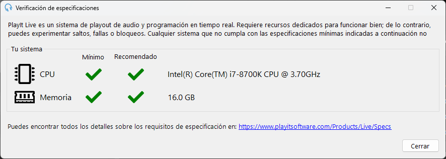 Ventana de verificación de especificaciones que muestra todos los requisitos cumplidos