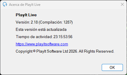 Ventana Acerca de PlayIt Live