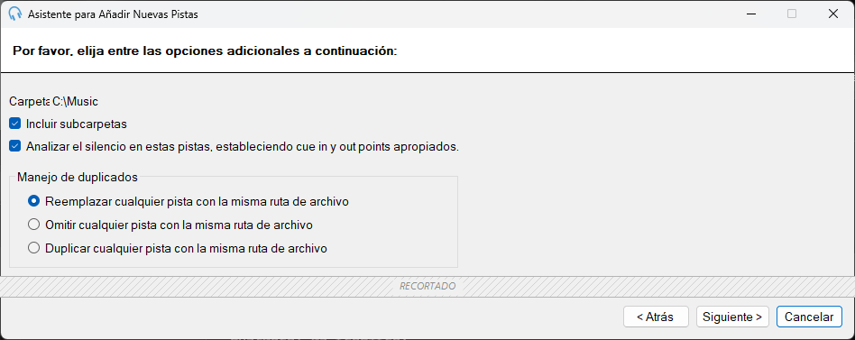 Página de opciones adicionales del Asistente para añadir nuevas pistas de PlayIt Live
