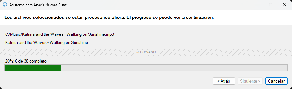 Página de progreso del Asistente para Añadir Nuevas Pistas de PlayIt Live