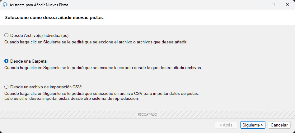 Página de selección de origen del Asistente para agregar nuevas pistas de PlayIt Live