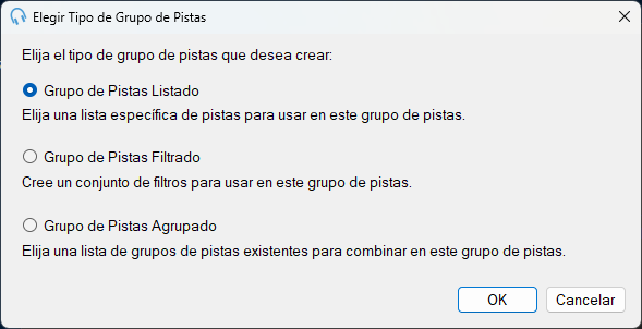 Ventana Elegir Tipo de Grupo de Pistas de PlayIt Live
