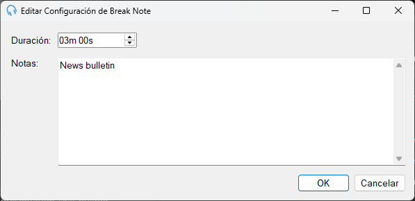 Ventana Editar Configuración de Break Note