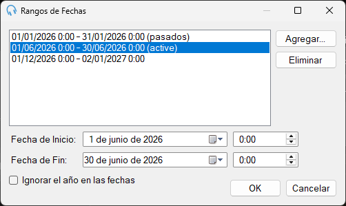 La ventana Rangos de Fechas mostrando una lista de rangos activos, próximos y pasados
