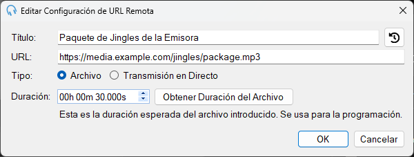 Ventana Editar configuración de URL remota