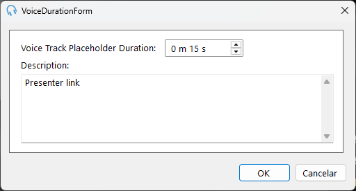 Ventana de configuración de edición de Voice Track