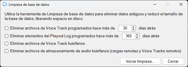 Ventana Limpieza de base de datos