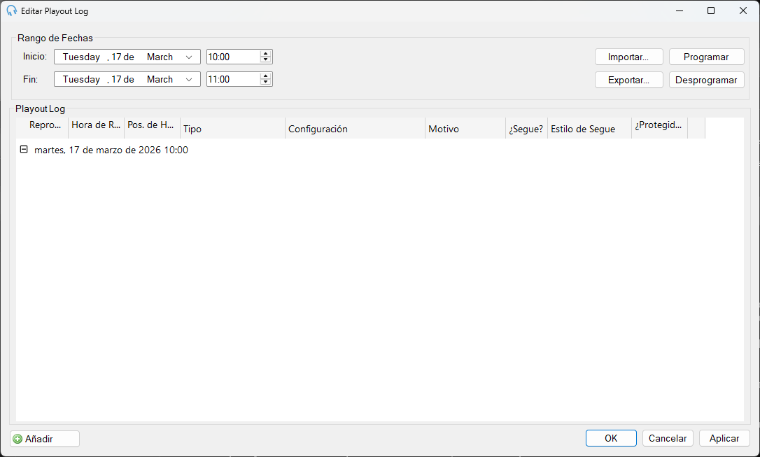 Ventana Editar Playout Log