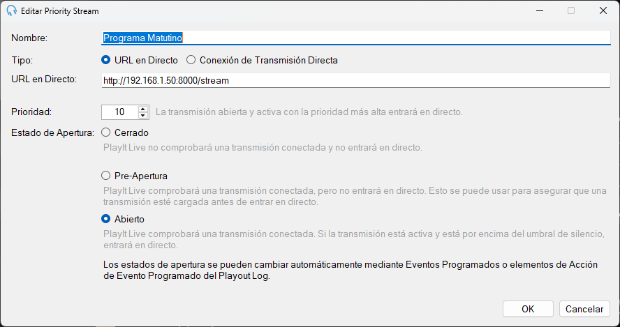 Ventana Editar Priority Stream