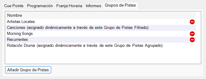 Pestaña Grupos de Pistas de la ventana Editar Pista