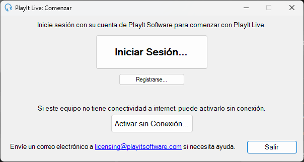 Ventana Comenzar de PlayIt Live