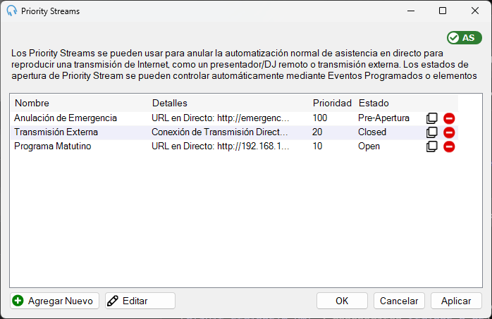 Ventana Administrar Priority Streams