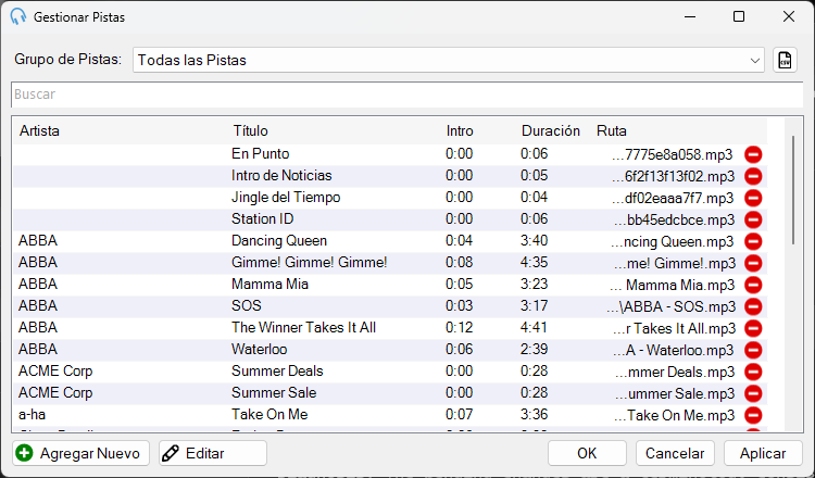 Ventana Gestionar Pistas de PlayIt Live
