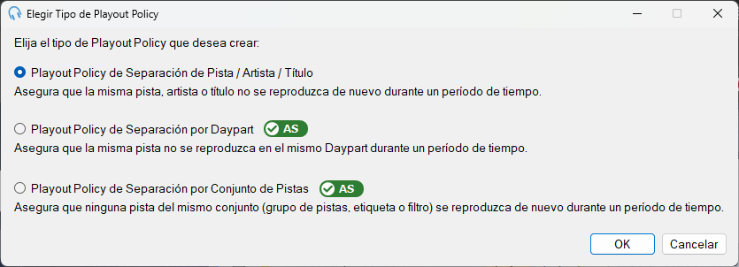 Ventana Elegir Tipo de Playout Policy