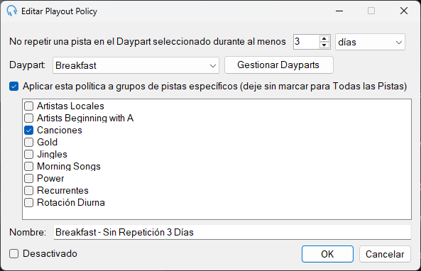 Ventana Editar Playout Policy de Separación por Daypart