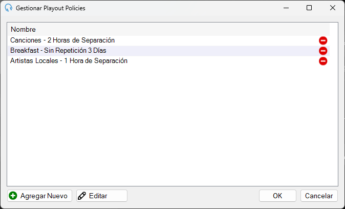 Ventana Gestionar Playout Policies