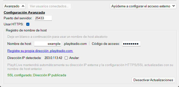 Sección de configuración avanzada de la configuración del servidor de acceso remoto