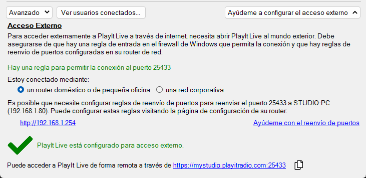 Acceso externo configurado correctamente