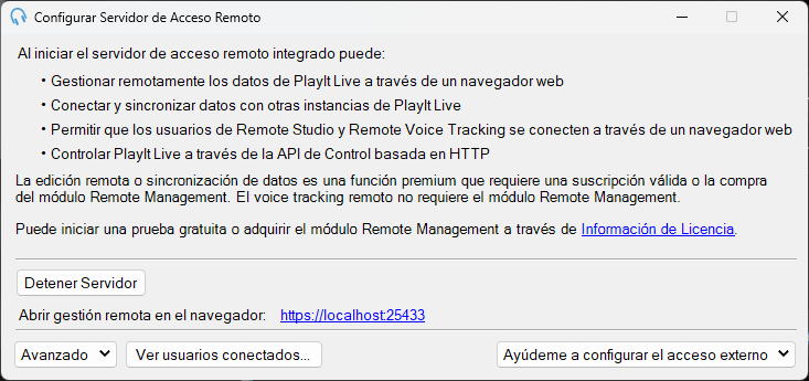 Ventana de configuración del servidor de acceso remoto integrado