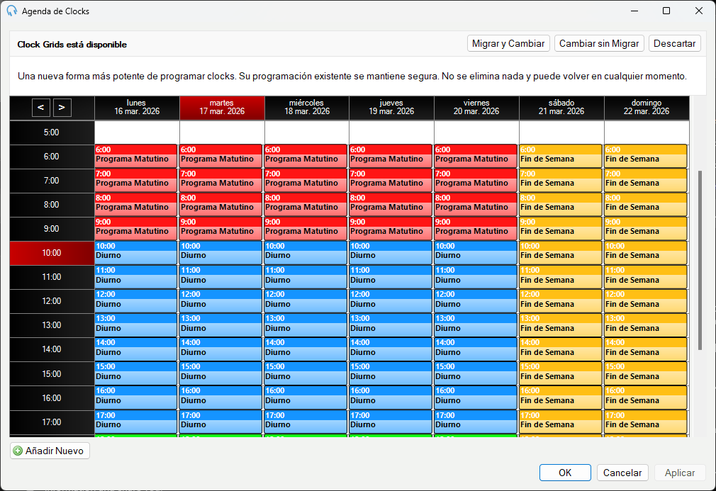 La ventana heredada "Schedule Clocks" con un calendario semanal y asignaciones de clocks