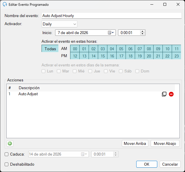 Editar Evento programado con acción de Auto Adjust