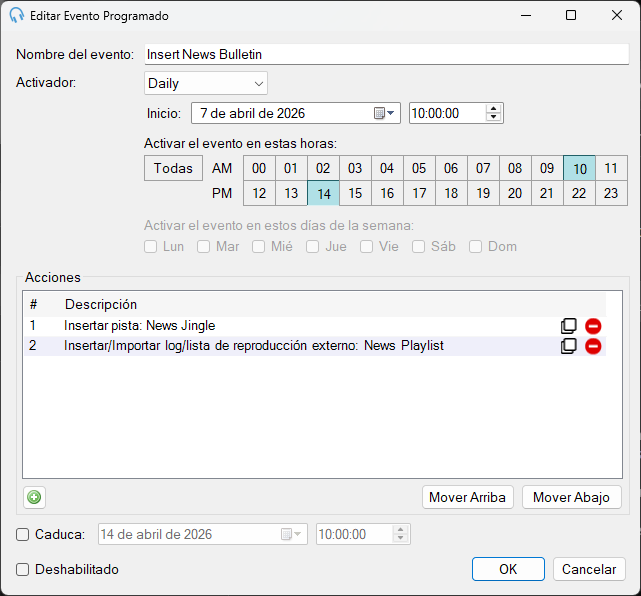 Editor de Evento programado