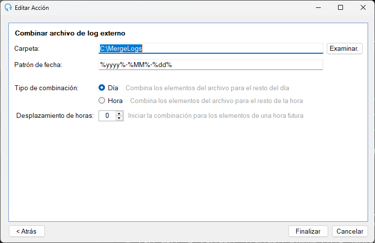 Acción Combinar Archivo de Log Externo