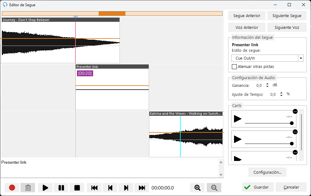 Editor de Segue con marcador de posición de voice track listo para grabar
