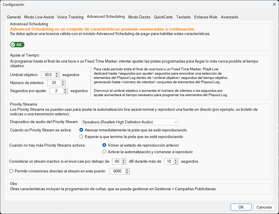 Configuración de PlayIt Live - Pestaña Advanced Scheduling