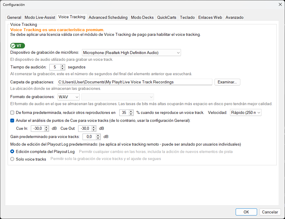 PlayIt Live Configuración - Pestaña Voice Tracking