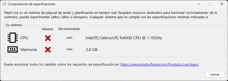 Ventana de comprobación de especificaciones que muestra requisitos no cumplidos