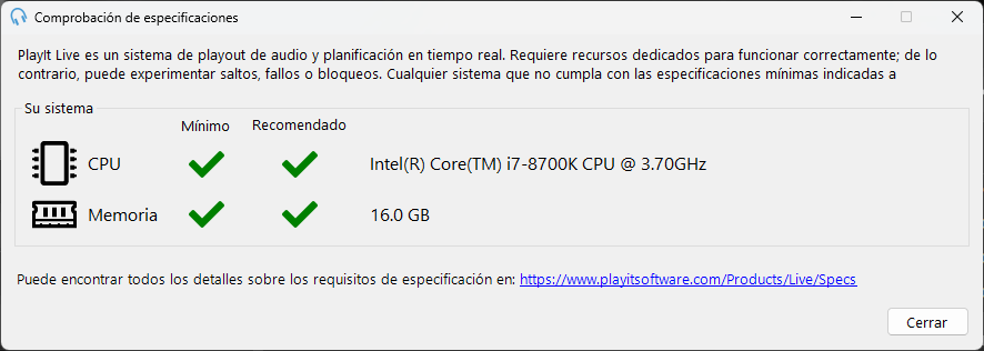 Ventana de comprobación de especificaciones que muestra todos los requisitos cumplidos