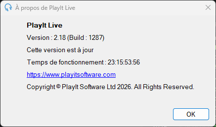 Fenêtre À propos de PlayIt Live