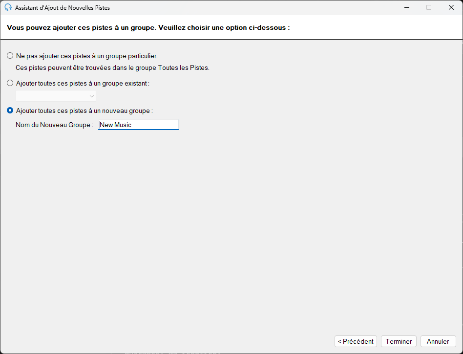 Page d'attribution de groupe de l'assistant d'ajout de nouvelles pistes de PlayIt Live