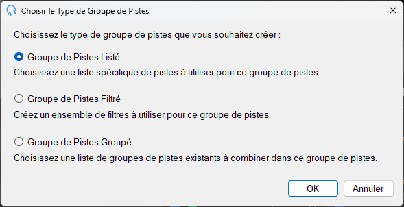 Fenêtre Choisir le Type de Groupe de Pistes de PlayIt Live