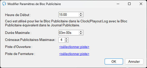 Fenêtre Modifier Paramètres de Bloc Publicitaire