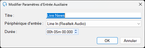 Fenêtre Modifier Paramètres d'Entrée Auxiliaire