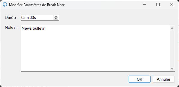 Fenêtre Modifier Paramètres de Break Note