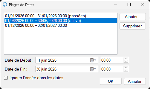 La fenêtre Plages de Dates affichant une liste de plages actives, à venir et passées