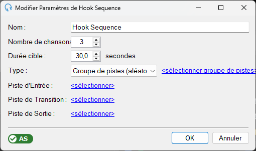 Fenêtre de paramètres de modification de la Hook Sequence